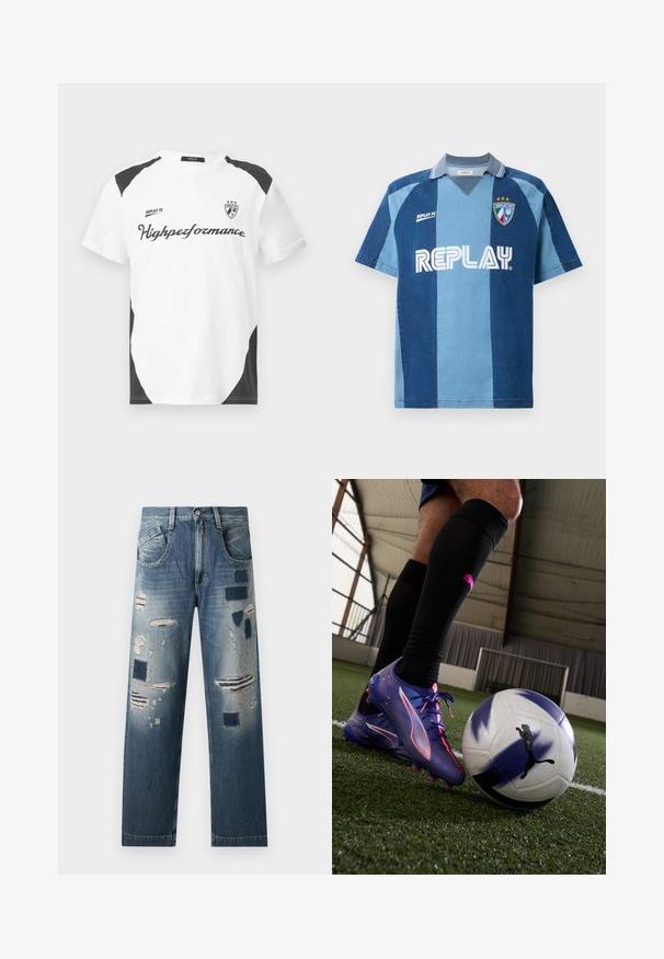 Bílé tričko s krátkým rukávem a černými akcenty. Obsahuje logo "REPLAY FC" a text "Highperformance" v sportovním písmu. Vyrobeno z hladkého materiálu.; Jersey inspirovaný dennem s krátkým rukávem, který má tmavě modrý a světle modrý pruhovaný design, límec ve tvaru V a výrazně zobrazené logo "REPLAY".; Džínové kalhoty s distressed záplaty a různými odstíny modré, s rovnou nohavicí a tradičním pětikapsovým designem.; Fialové a růžové fotbalové kopačky s elegantním designem a texturovaným svrškem, umístěné vedle černo-bílé fotbalové míče na zeleném trávníku.