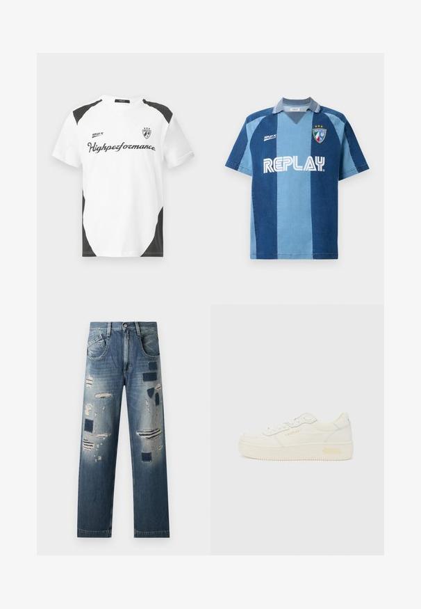 Hvit kortermet T-skjorte med svarte detaljer. Har "REPLAY FC" logo og "Highpeformance" tekst i en sporty skrifttype. Laget av et glatt materiale.; Denim-inspirert jersey med korte ermer, utstyrt med et mørkeblått og lysblått stripete design, V-hals krage og "REPLAY"-logoen tydelig vist.; Dongeribukser med slidte lapper og varierende blånyanser, med en rett benkutt og tradisjonell fem-lomme design.; Replay EPIC HIGH - Joggesko - white