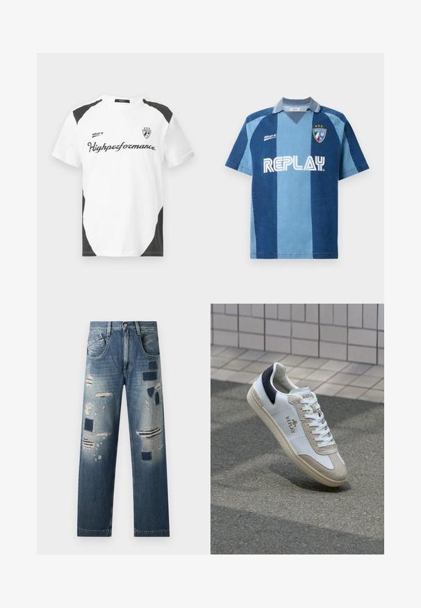 Balts īsām piedurknēm T-krekls ar melniem akcentiem. Ar "REPLAY FC" logotipu un "Highpeformance" tekstu sportiskā fontā. Izgatavots no gludas materiāla.; Džinsa iedvesmots jersijs ar īsām piedurknēm, kam ir tumši zilas un gaiši zilas svītras, V veida apkakle un izcili izceltas "REPLAY" logo.; Džinsi ar nolietiem pleciem un dažādiem zilo toņu niansēm, ar taisno kāju griezumu un tradicionālo piecu kabatu dizainu.; Baltas ādas sneakers ar bežām zamšādām akcentiem, tumši zila papēža cilpa un zelta logo. Teksturēta zole ar dekoratīvu rakstu. Klasisks šņorēšanas dizains.