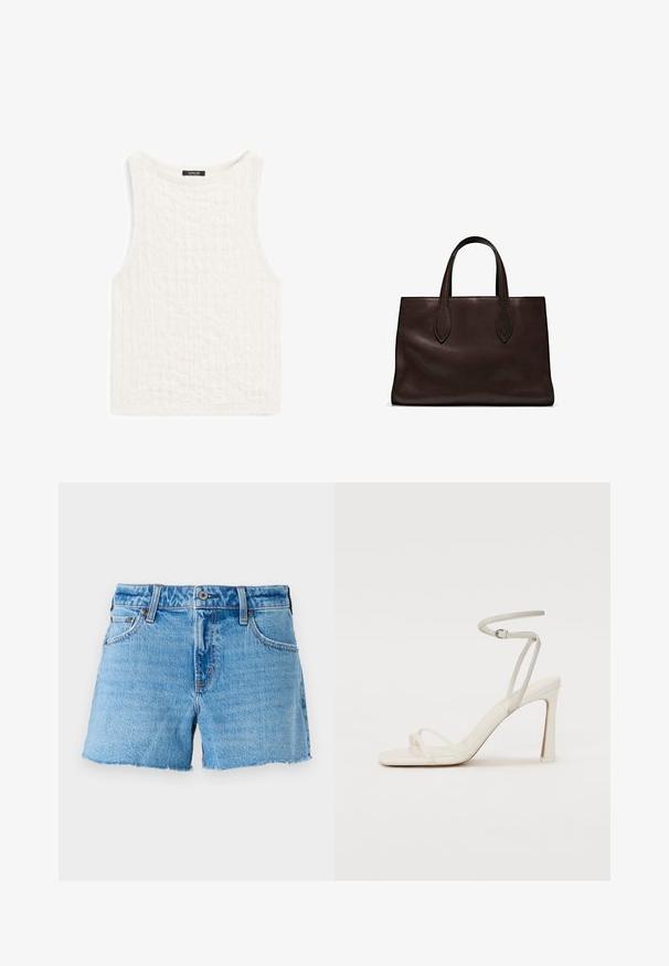 Witte mouwloze top van textuurstof met een subtiel patroon. Heeft een ronde halslijn en een rechte zoom.; Lichtblauwe denim shorts met een raw edge zoom, vijf-pocket ontwerp en messing knoopsluiting. Glad textuur met een lichte vervaging.; Witte sandaal met hakken, met een slanke enkelband en twee voorste bandjes. Gladde leren textuur met een vierkante neus en een glanzende hak.; Bruine leren tote bag met twee verlengde handvatten, gestructureerde rechthoekige vorm, gladde textuur en subtiele stiksels.