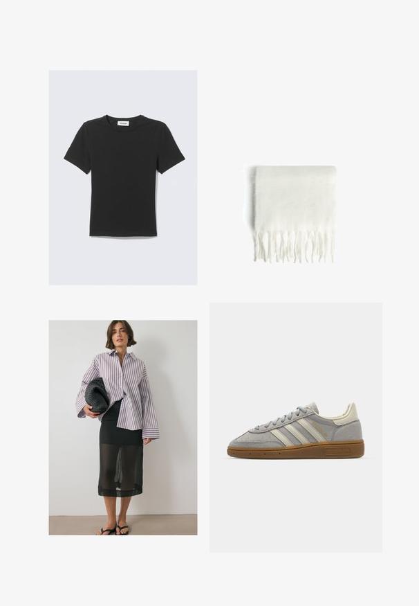 Czarna, krótkorękawowa koszulka wykonana z miękkiej bawełny, z okrągłym dekoltem i regularnym krojem, bez widocznych wzorów ani ozdób.; Pasiasta koszula z długim rękawem w odcieniach bieli i burgundu. Czarna przezroczysta spódnica nałożona na gładką czarną bazę. Wpleciona czarna torebka kopertówka i klapki.; Szare zamszowe trampki z jasnoszarymi skórzanymi paskami i gumową podeszwą. Wśród cech znajduje się zapięcie na sznurowadła oraz subtelna marka na języku.; Biała wełniana szal z frędzlami, o miękkiej fakturze i prostokątnym kształcie. Idealny do noszenia w warstwach i zapewniania ciepła.