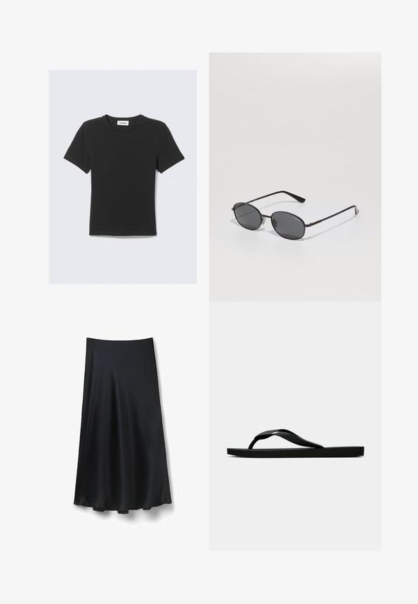 Svart kortärmad T-shirt i mjuk bomull med rund halsringning och normal passform, utan synliga mönster eller detaljer.; Svart satin kjol med en full och flödande form. Lätt textur och en mellanhög design med en rak midjeband. Inga synliga mönster eller detaljer.; Svart gummislip-in sandal med ett texturerat rem och enkel platt sula, visas från sidan på en enkel ljus bakgrund.; Svarta ovala solglasögon med mörka linser, tunn metallram och raka glasögonbågar. Har varumärkeslogotyp på den inre armen och näskuddar.