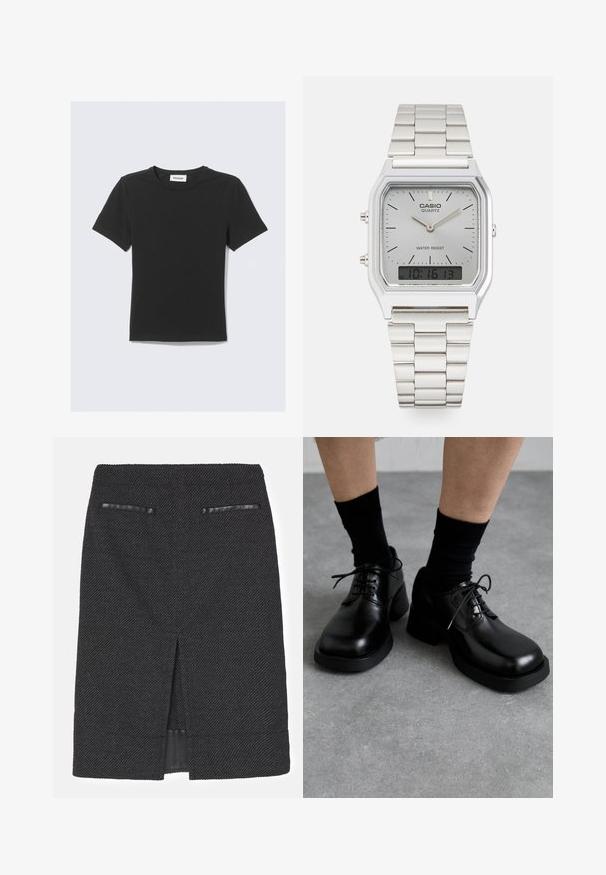 Juoda trumpomis rankovėmis medvilninė marškinėliai, suapvalintu kaklu ir įprasto silueto, be matomų raštų ar akcentų.; Juodas pieštukas sijonas su tekstūruota audinio, turintis dvi dirbtines kišenes ir nugarinę ventiliaciją judrumui. Lygi vidinė pamušalė.; MIISTA ALTHEA BROGUES - Suvarstomi - black; Sidabrinis Casio kvarcinis laikrodis su stačiakampiu ciferblatu, analoginiais ir skaitmeniniais rodmenimis, nerūdijančio plieno apyranke ir atsparumu vandeniui.