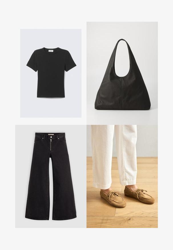 Črna kratka majica s kratkimi rokavi iz mehke bombažne tkanine, s krožnim izrezom okoli vratu in običajnim krojem, brez vidnih vzorcev ali poudarkov.; Široke traperice iz črnega denima z zadrgo spredaj, petimi žepi in diskretnimi šivi. Gladka tekstura in ležeren slog.; Rjavi semiš čolnički čevlji z vezalkami, značilni po zaobljenem nosu in všitih detajlih. Obuti z belimi kordnimi hlačami v leseni okolici.; Črna usnjena torba z zavitim ročajem, podolgovate triangularne oblike in gladko teksturo. Zasnova je minimalistična, brez vidne opreme.