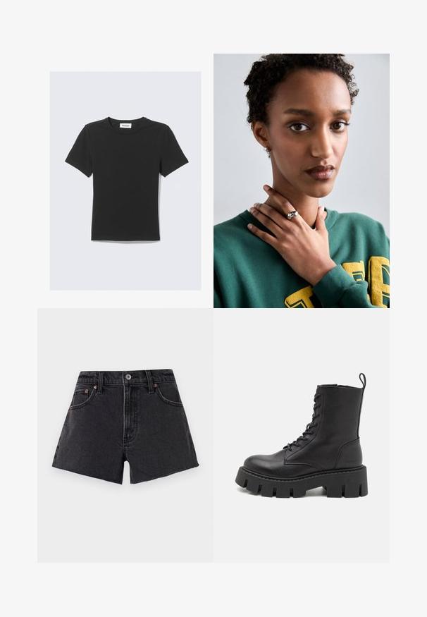 Tricou negru cu mâneci scurte, realizat din bumbac moale, cu guler rotund și croială regulară, fără modele sau accente vizibile.; Shorts din denim negru cu talie înaltă, margine desfăcută, buzunare frontale și nituri de culoare cupru. Textură netedă și croială clasică.; Boots negre din piele, până la gleznă, cu șireturi în față, talpă platformă groasă și buclă pentru a trage; textură netedă și branding subtil pe călcâi.; Inel argintiu cu un design neted, curbat, ce are un accent în formă de stea. Modelul poartă un hanorac verde cu inscripții galbene, cu mâinile aproape de gât.