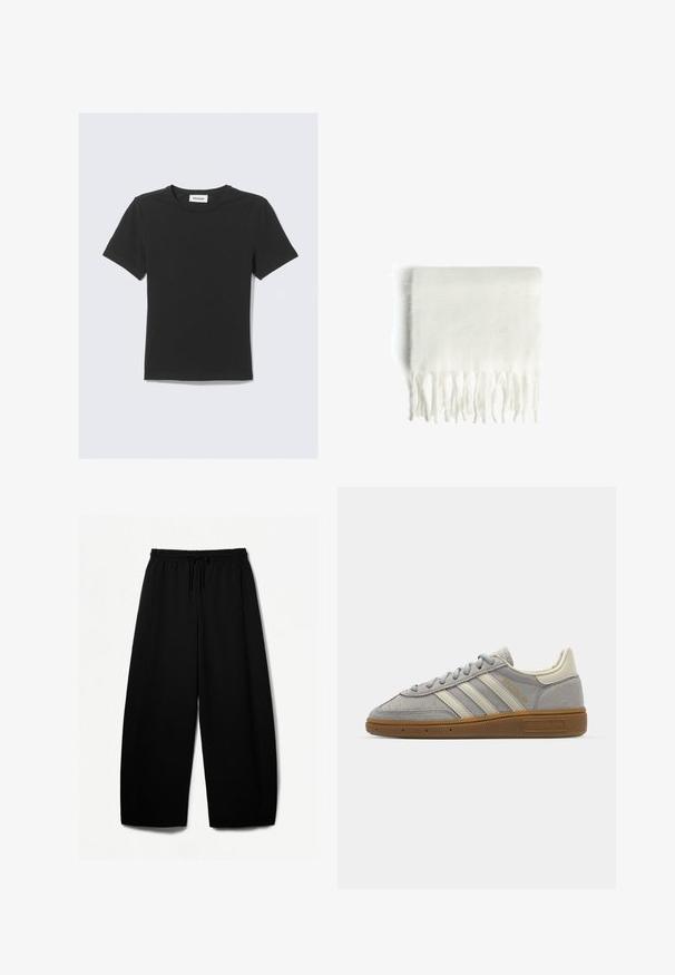 Schwarzes T-Shirt mit kurzen Ärmeln aus weicher Baumwolle, mit Rundhalsausschnitt und regulärer Passform, ohne sichtbare Muster oder Akzente.; Schwarze weit geschnittene Hosen mit elastischem Bund und Kordelzug. Weicher Stoff mit glatter Textur. Gerader Schnitt mit Seitennähten.; Graue Wildledersneaker mit hellgrauen Lederstreifen und einer Sohle aus Gummi. Zu den Merkmalen gehören eine Schnürung und dezente Markenkennzeichnung auf der Zunge.; Weiße Fleece-Schal mit fransigen Kanten, weicher Textur und rechteckiger Form. Eignet sich zum Schichten und bietet Wärme.
