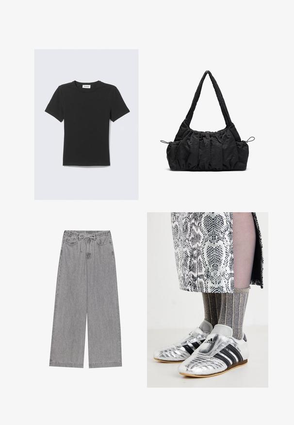 Svart kortärmad T-shirt i mjuk bomull med rund halsringning och normal passform, utan synliga mönster eller detaljer.; Grå vida byxor i denim med elastisk midja och dragsko, två framfickor samt rak bendesign.; Silverfärgade fotbollsskor med svarta ränder och en strömlinjeformad design, i kombination med texturerade grå och gyllene ribbade strumpor samt en mönstrad kjol.; Svart tyghandväska med rynkad textur, två axelremmar och dragsko stängning på sidorna. Slätt, lätt material.
