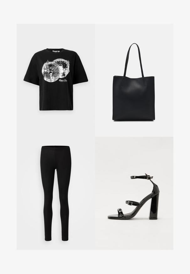 T-shirt preta de manga curta com duas estampas de bola de discoteca prateadas e texto "Disco Fever Night Party" em branco abaixo do design.; Leggings pretos feitos de um tecido suave e elástico. Têm um ajuste justo com uma cintura elástica e uma textura suave e mate.; Sandálias de tacão preto laqueadas com bico quadrado, tiras para o tornozelo e fivelas prateadas. Apresentam um salto bloco chunky para estabilidade.; Bolsa tote preta em couro com textura lisa, forma retangular e duas alças longas. Sem hardware ou enfeites visíveis.
