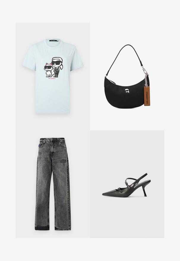 Šviesiai mėlynas medvilninis marškinėliai su grafiniu dizainu, vaizduojančiu žmogų ir katę akinių nuo saulės. Žemiau spausdinamas tekstas "KARL LAGERFELD" raudona spalva.; Plati juodos džinsinės kelnės su išblukusiu skalbimu, su pažeistais detalėmis priekyje ir standartiniu penkių kišenių dizainu.; Juodi odiniai slingback kulniukai su smailiu pirštu, siauru kulnu ir dekoratyvine sagtimi viršuje. Lygus paviršius ir elegantiškas dizainas.; Juodas odinis rankinės su grublėta tekstūra, išlinkusia forma, viršutiniu užtrauktuku, sidabrinėmis detalėmis ir rudąja etiketė. Pabrėžtas logotipo akcentas.