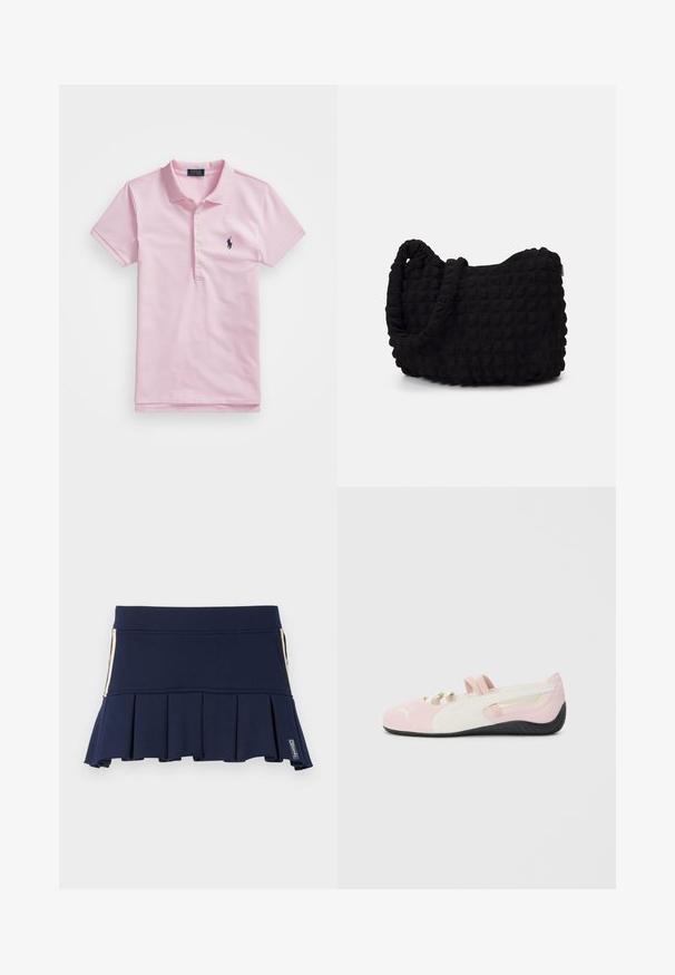 Polo shirt rosa in cotone, con colletto classico, tre bottoni, maniche corte e un piccolo logo blu navy sul petto.; Gonna plissettata blu navy realizzata in tessuto elastico, con vita aderente e dettaglio di zip laterale. La cucitura è visibile lungo le cuciture.; Scarpa slip-on in suede rosa con accenti bianchi, suola in gomma e fasce elastiche. Presenta un design 'texture' e un piccolo logo sulla parte anteriore.; Borsa in tessuto nero con un motivo trapuntato e texture. Forma arrotondata, manici corti e spessi, e una struttura morbida e flessibile.