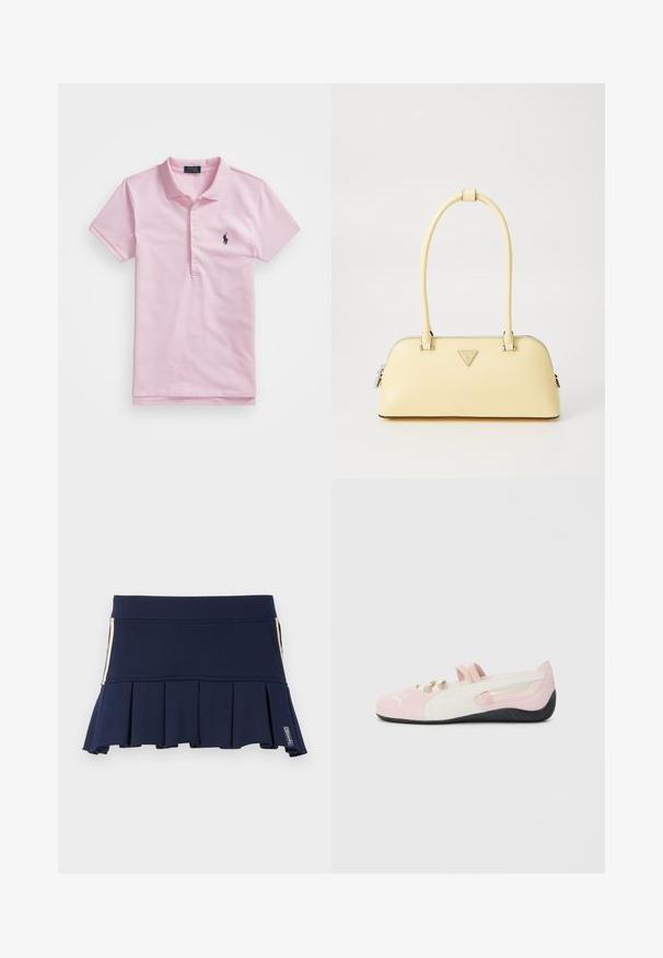 Roze poloshirt van katoen, met een klassieke kraag, drie knopen, korte mouwen en een klein marineblauw logo op de borst.; Marineblauwe geplooide rok van rekbaar materiaal, met een aansluitende taille en een rits aan de zijkant. Stiksels zijn zichtbaar langs de naden.; Roze suede instapper met witte accenten, rubberen zool en elastische bandjes. Kenmerkt zich door een gestructureerd ontwerp en een klein logo aan de voorkant.; Geel gepatenteerd leren handtas met een ronde vorm, enkele bovenhandgreep en een zilveren logo plaat. Voorzien van een ritssluiting en een gladde textuur.