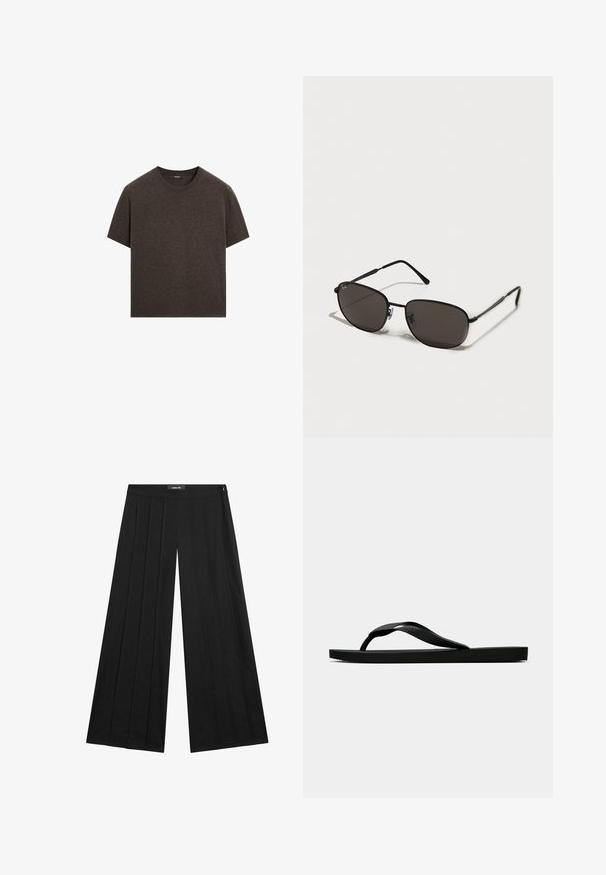 Massimo Dutti - Sweter; Czarne spodnie o szerokich nogawkach mają wysoki stan z plisami, gładką fakturę i minimalistyczny design. Zamek błyskawiczny po boku.; Czarne gumowe klapki z teksturowanym paskiem i prostą płaską podeszwą, przedstawione z boku na jasnym jednolitym tle.; Czarne metalowe okulary przeciwsłoneczne z owalnymi oprawkami, ciemnymi soczewkami, smukłymi zausznikami i subtelnym logo na lewej soczewce. Elegancki, minimalistyczny design.