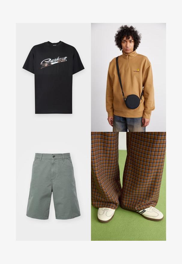 Juoda medvilninė marškinėliai su blizgia „Carhartt“ logotipu sidabrinėmis stilizuotomis raidėmis per krūtinę, trumpomis rankovėmis ir apvalia iškirpte.; Šviesiai žalių medvilninių šortų su mygtuko uždarymu, diržo kilpomis ir šoninėmis kišenėmis aprašymas. Turi tiesų siluetą ir lengvą tekstūrą.; Rudos ir mėlynos langelinės plačios kelnės, derinamos su baltais batais su juodais akcentais ir tekstūruotais padais, prieš žalią foną.; Rudas ketvirčio užtrauktuko vilnos švarkas su siuvinėtu logotipu, derinamas su juodu apvaliu per petį nešiojamu krepšiu su užtrauktuku ir logotipo detale, dėvimas virš džinsų.