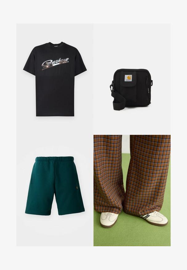 Maglietta nera in cotone con logo "Carhartt" lucido in lettere argentate stilizzate sul petto, maniche corte e scollo rotondo.; Pantaloni corti in cotone verde scuro con vita elasticizzata, tasche laterali e un piccolo logo nella parte bassa. Texture liscia e design a lunghezza ginocchio.; Pantaloni a pieghe larghi a quadri marroni e blu abbinati a scarpe bianche con dettagli neri e suole testurizzate, posizionati su uno sfondo verde.; Borsa a tracolla nera con un compartimento principale con zip, tasca frontale, tracolla regolabile e una patch del logo visibile sul risvolto.