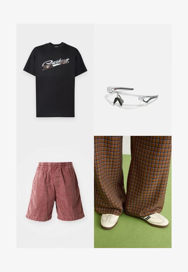 Sort bomuld T-shirt med en skinnende "Carhartt"-logo i stiliseret sølvskrift over brystet, korte ærmer og rund hals.; Rustfarvede bomulds-shorts med elastisk talje, der har en struktureret overflade og sidelommer, der slutter lige over knæet.; Brune og blå ternede brede benbukser parret med hvide sko med sorte accenter og strukturerede såler, sat mod en grøn baggrund.; Klare sikkerhedsbriller med en letvægts, gennemsigtig stel og grå accenter. Har et omsluttende design og justerbar næsepude.
