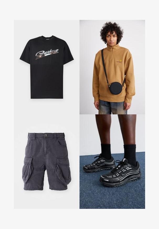 Svart bomulls-T-skjorte med en blank "Carhartt"-logo i stilisert sølvskrift over brystet, korte ermer og rund hals.; Cargo shorts laget av mørkegrå bomull, med klassisk passform, flere sidelommer og front knappelukking. Glatt tekstur.; Sorte Nike-sko har en mesh-overdel med aksentstriper, teksturert snøring og en svart gummisåle. Brukt med svarte ribbede sokker.; Brun kvart-zip fleece genser med brodert logo, med en svart rund crossbody bag med glidelås og logodetalj, båret over denim.