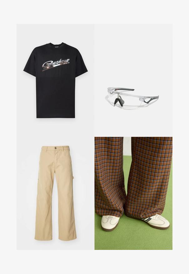 Black cotton t-shirt featuring a glossy "Carhartt" logo in stylized silver lettering across the chest, short sleeves, and crew neck.; Beige wide-leg cargo pants with a button closure, featuring side pockets, made of sturdy cotton fabric, smooth texture, and straight-cut design.; Brown and blue plaid wide-leg trousers paired with white shoes featuring black accents and textured soles, set against a green background.; Clear safety glasses with a lightweight, transparent frame and gray accents. Features a wraparound design and adjustable nosepiece.