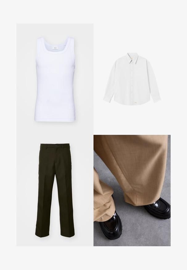 Witte katoenen mouwloze tanktop met een ronde halslijn, met een gladde textuur en een aansluitende pasvorm, ontworpen voor casual gebruik.; Witte blouse met een klassieke kraag, lange mouwen en een ronde zoom; heeft een klein oranje logo aan de onderkant aan de linkerkant.; The Kooples PANTALON - Broek - kaki; Beige broek met een gestructureerde afwerking, gecombineerd met glanzende zwarte loafers met een dikke zool en accentstiksels.