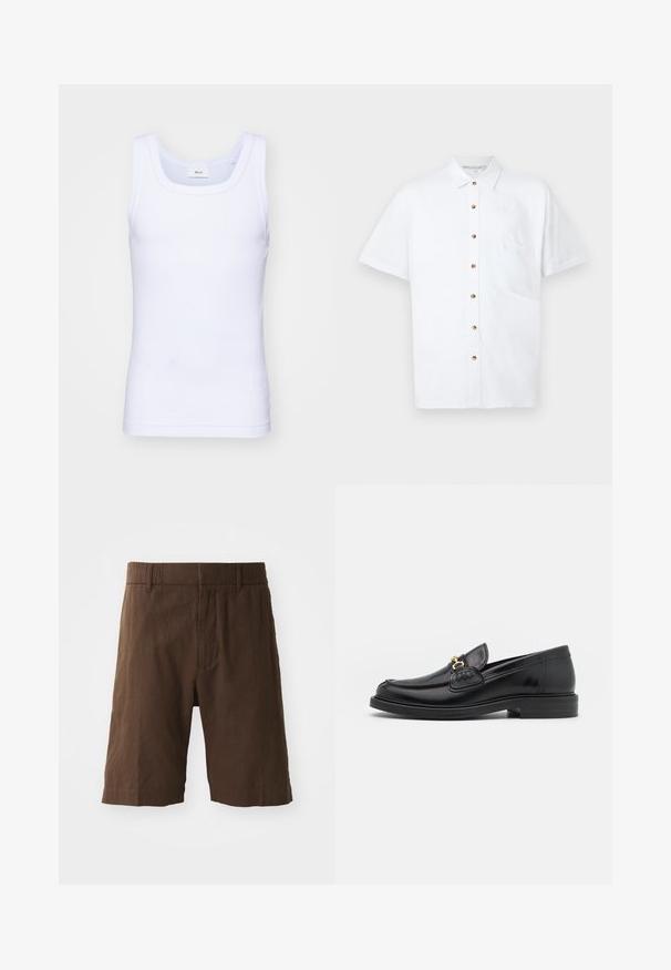 Hvid bomulds ærmeløs tanktop med rund halsudskæring, der har en glat tekstur og en tætsiddende pasform, designet til casual brug.; Hvid kortærmet skjorte lavet af hør, der har en knaplukning foran, en brystlomme og træknapper som detaljer.; Brune linned shorts med afslappet pasform, elastisk talje og lige ben. Glat tekstur med et simpelt, rent design.; Sorte læder loafers med en rund tå, der har guld hardware accent og syningsdetaljer, placeret på en lav, tekstureret gummisål.