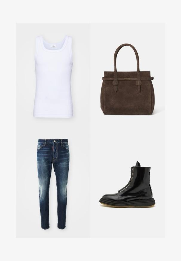 White cotton sleeveless tank top with a round neckline, featuring a smooth texture and a fitting shape, designed for casual wear.; Dark blue denim jeans with a slim fit, featuring faded areas on the thighs and knees, five pockets, and a metal button closure.; The Antipode BOOT - Lace-up ankle boots - black; Dark brown suede tote bag with dual handles and a horizontal strap featuring a small gold DSQUARED2 logo plaque.