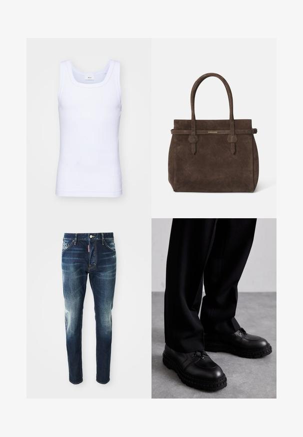 White cotton sleeveless tank top with a round neckline, featuring a smooth texture and a fitting shape, designed for casual wear.; Dark blue denim jeans with a slim fit, featuring faded areas on the thighs and knees, five pockets, and a metal button closure.; Black leather shoes with a round toe, textured upper, lace-up design, and thick rubber sole featuring a tread pattern. Worn with black pants.; Dark brown suede tote bag with dual handles and a horizontal strap featuring a small gold DSQUARED2 logo plaque.
