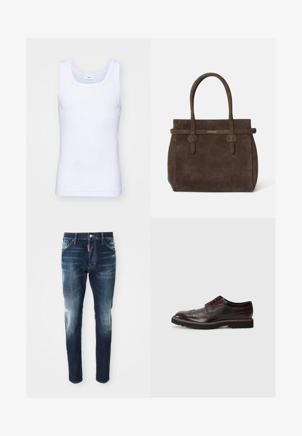 Top din bumbac alb fără mâneci, cu un decolteu rotund, având o textură netedă și o formă ajustată, conceput pentru purtarea casual.; Jeans de denim bleu închis cu o croială slim, având zone uzate pe coapse și genunchi, cinci buzunare și închidere cu un buton din metal.; Brogues din piele maro cu detalii perforate, vârf rotund, accente textile și o talpă din cauciuc negru cu margine colorată.; Geantă de umăr din suede maro închis, cu două mânere și o curea orizontală care prezintă o mică placă logo aurie DSQUARED2.
