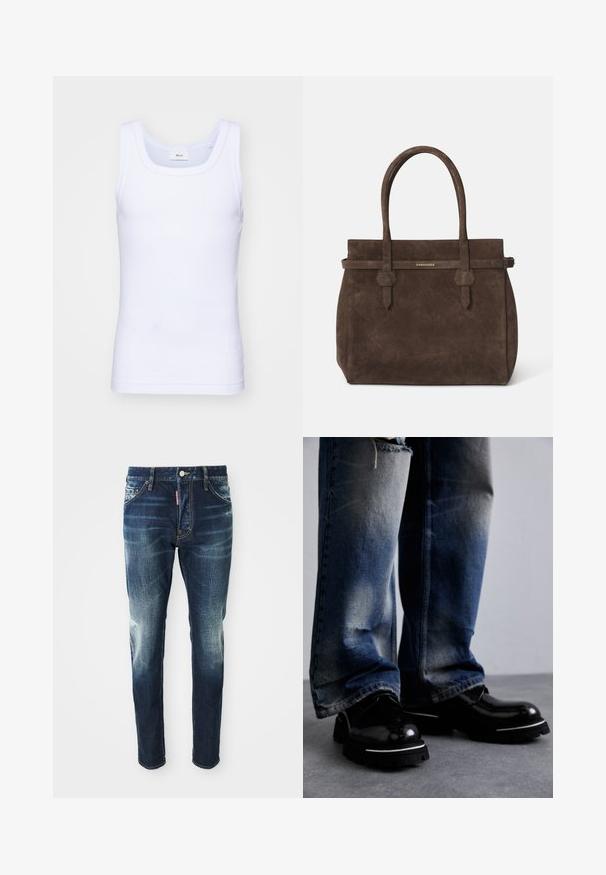 Top din bumbac alb fără mâneci, cu un decolteu rotund, având o textură netedă și o formă ajustată, conceput pentru purtarea casual.; Jeans de denim bleu închis cu o croială slim, având zone uzate pe coapse și genunchi, cinci buzunare și închidere cu un buton din metal.; Pantofi din piele neagră cu un finisaj lucios, având o talpă groasă și o dungă albă. Purtați cu pantaloni din denim albastru uzat, arătând estompare ușoară.; Geantă de umăr din suede maro închis, cu două mânere și o curea orizontală care prezintă o mică placă logo aurie DSQUARED2.