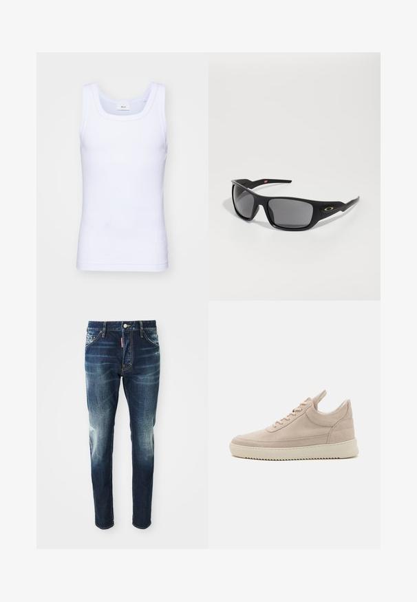 White cotton sleeveless tank top with a round neckline, featuring a smooth texture and a fitting shape, designed for casual wear.; Dark blue denim jeans with a slim fit, featuring faded areas on the thighs and knees, five pockets, and a metal button closure.; Beige suede sneaker with rounded toe, white sole, and flat laces. Features a pull tab at the heel and textured side panels.; Black sunglasses with a rectangular shape, made of durable plastic, featuring gray tinted lenses and a gold accent on the side.