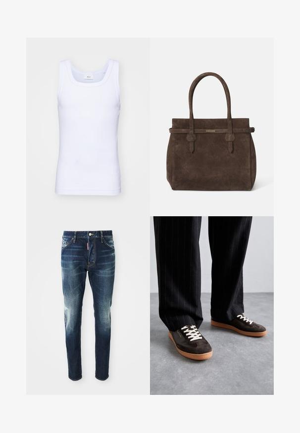 Weißes Baumwoll-Top ohne Ärmel mit rundem Ausschnitt, ausgestattet mit einer glatten Textur und einer figurbetonten Form, ideal für die Freizeit.; Dunkelblaue Jeans im Slim-Fit-Schnitt, mit verwaschenen Stellen an den Oberschenkeln und Knien, fünf Taschen und einem Metallknopfverschluss.; Dunkelbraune Wildledersneaker mit cremefarbenen Schnürsenkeln, weißen Akzenten und einer beige Gummisohle. Getragen mit schwarzer gestreifter Hose.; Dunkelbraune Wildledertasche mit doppelten Griffen und einem horizontalen Riemen, der mit einem kleinen goldenen DSQUARED2-Logo-Plakette versehen ist.