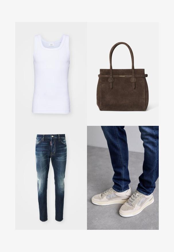 White cotton sleeveless tank top with a round neckline, featuring a smooth texture and a fitting shape, designed for casual wear.; Dark blue denim jeans with a slim fit, featuring faded areas on the thighs and knees, five pockets, and a metal button closure.; Beige sneakers with mesh and suede accents, featuring perforated toe caps, flat laces, and a white sole. Paired with dark blue jeans.; Dark brown suede tote bag with dual handles and a horizontal strap featuring a small gold DSQUARED2 logo plaque.