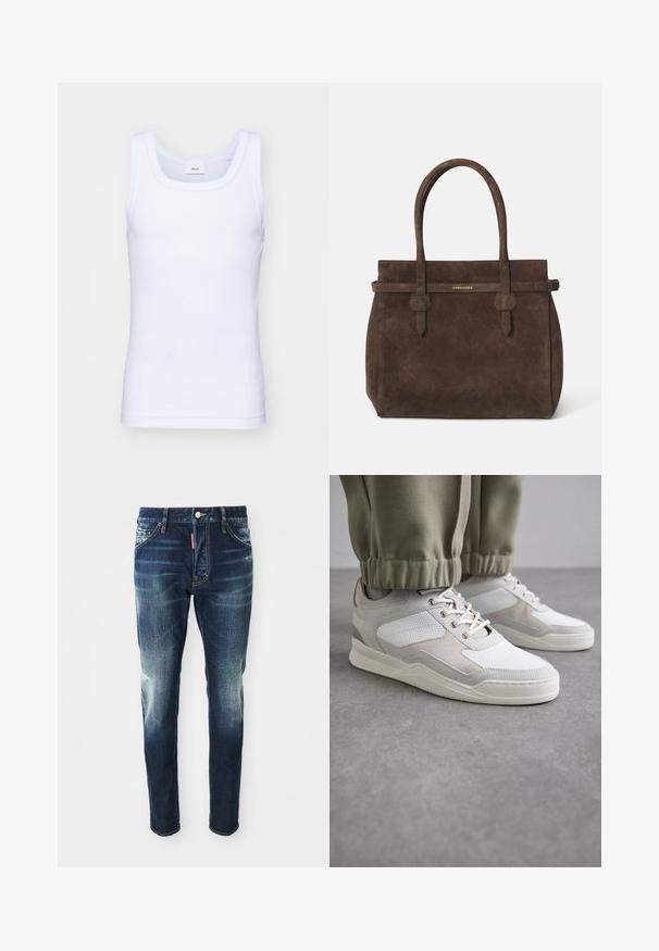 Bílé bavlněné tílko bez rukávů s kulatým výstřihem, s hladkou texturou a přiléhavým střihem, navržené pro volnočasové nošení.; Tmavě modré džíny s úzkým střihem, se zesvětlenými místy na stehnech a kolenou, pěti kapsami a kovovým zapínáním na knoflík.; Bílé a světle šedé tenisky s texturovaným svrškem, šněrováním a polstrovaným límcem. Design zahrnuje perforované a semišové detaily.; Tmavě hnědá semišová taška s dvojitými uchy a horizontálním popruhem se štítkem s malým zlatým logem DSQUARED2.