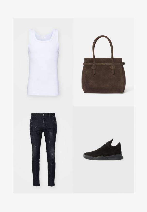 Camiseta sin mangas de algodón blanca con escote redondo, que presenta una textura suave y una forma ajustada, diseñada para el uso casual.; Vaqueros de mezclilla negros con un corte ajustado, textura desgastada, toques de salpicaduras de pintura y atrevidos estampados gráficos en la parte delantera.; Zapatilla de ante negro con un perfil bajo, parte superior texturizada, cordones planos y una suela de goma sólida que presenta un ligero tacón y un diseño curvado.; Bolsa tote de ante marrón oscuro con dos asas y una correa horizontal que presenta una pequeña placa de logo dorado de DSQUARED2.