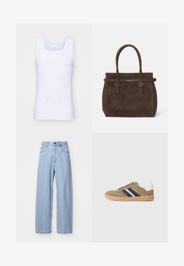 Weißes Baumwoll-Top ohne Ärmel mit rundem Ausschnitt, ausgestattet mit einer glatten Textur und einer figurbetonten Form, ideal für die Freizeit.; Helle blaue Denim-Jeans im weit geschnittenen Design, mit Fronttaschen, einem Knopfverschluss und detaillierten Nähten entlang der Säume.; Olivenfarbene Wildledersneaker mit navyblauen und weißen Streifen, beiger Gummisohle, runder Zehenpartie und Schnürung. Markennname "BALLY" an der Seite.; Dunkelbraune Wildledertasche mit doppelten Griffen und einem horizontalen Riemen, der mit einem kleinen goldenen DSQUARED2-Logo-Plakette versehen ist.