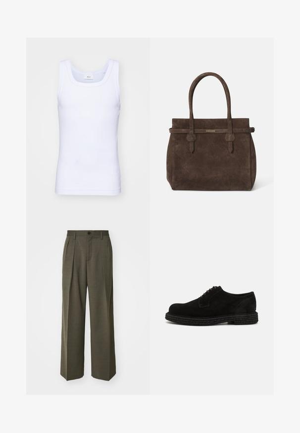 Fehér pamut ujjatlan trikó kerek nyakkivágással, sima textúrával és testhezálló fazonnal, amelyet hétköznapi viseletre terveztek.; Filippa K WIDE TROUSERS - Nadrágok - driftwood; The Antipode DERBY - Fűzős cipők - black; Sötétbarna velúr tote táska dupla fogantyúval és vízszintes pánttal, melyen egy kis arany DSQUARED2 logo tábla található.