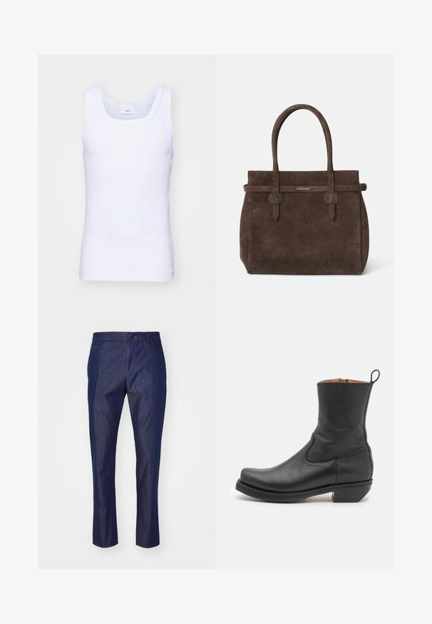 Biela bavlnená tielko bez rukávov s okrúhlym výstrihom, s hladkou textúrou a priliehavým strihom, navrhnuté pre neformálne nosenie.; Tmavomodré deninové nohavice so strihom rovného nohavice, so zipsom na prednej strane a pútkami na opasok, s hladkou textúrou a minimálnym prešívaním.; Čierne kožené členkové topánky s hladkým povrchom, štíhlym profilom, bočným šitím a nízkym štvorcovým podpätkom. Obsahujú pútko na zadnej strane.; Tmavohnedá semišová taška s dvoma uchami a horizontálnym popruhom, ktorý obsahuje malú zlatú nášivku s logom DSQUARED2.