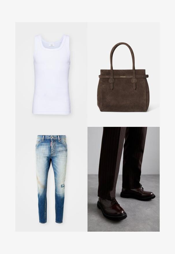 Bílé bavlněné tílko bez rukávů s kulatým výstřihem, s hladkou texturou a přiléhavým střihem, navržené pro volnočasové nošení.; Světle modré vyteplené skinny džíny s malým roztrhnutím na pravém stehně a červeným značkovým štítkem blízko předního zipu.; Hnědé kožené šněrovací boty s lesklým povrchem, černou gumovou podrážkou a jemným štepováním. Nosené s hnědými pruhovanými kalhotami.; Tmavě hnědá semišová taška s dvojitými uchy a horizontálním popruhem se štítkem s malým zlatým logem DSQUARED2.