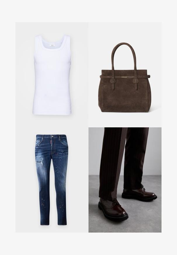 Camiseta sin mangas de algodón blanca con escote redondo, que presenta una textura suave y una forma ajustada, diseñada para el uso casual.; Vaqueros de mezclilla azul oscuro con un ajuste slim, parches desgastados y detalles de salpicaduras de pintura en blanco y rojo. Diseño clásico de cinco bolsillos.; Zapatos de cuero marrón con cordones y un acabado brillante, suela de goma negra y costuras sutiles. Llevados con pantalones marrón de rayas.; Bolsa tote de ante marrón oscuro con dos asas y una correa horizontal que presenta una pequeña placa de logo dorado de DSQUARED2.