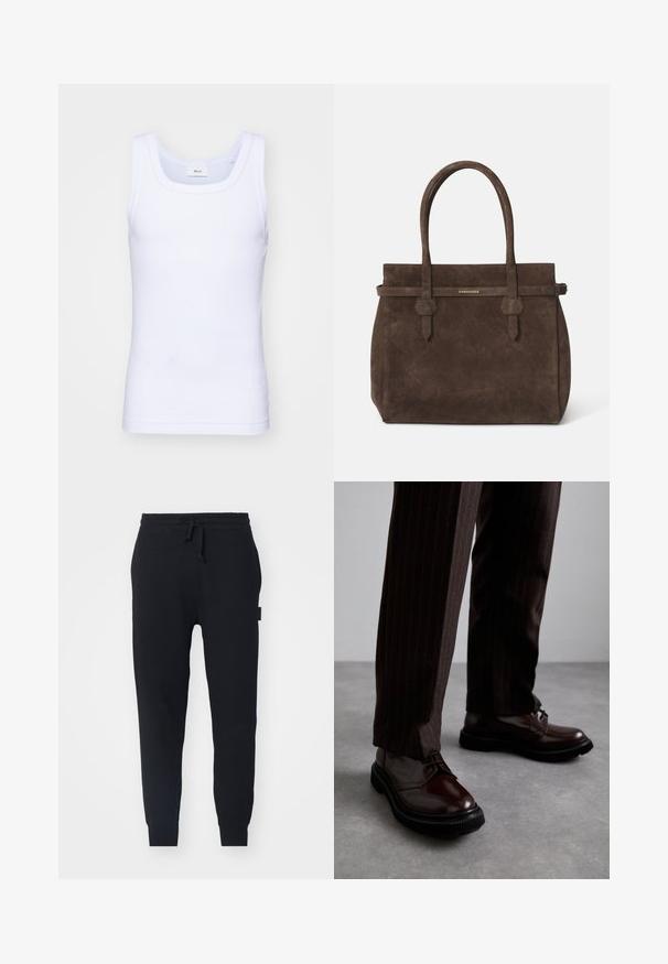 Top din bumbac alb fără mâneci, cu un decolteu rotund, având o textură netedă și o formă ajustată, conceput pentru purtarea casual.; sandro HOME - Pantaloni de trening - noir; Pantofi din piele maro, cu șiret, având un finisaj lucios, talpă din cauciuc negru și o cusătură subtilă. Purtați cu pantaloni maro cu dungi.; Geantă de umăr din suede maro închis, cu două mânere și o curea orizontală care prezintă o mică placă logo aurie DSQUARED2.