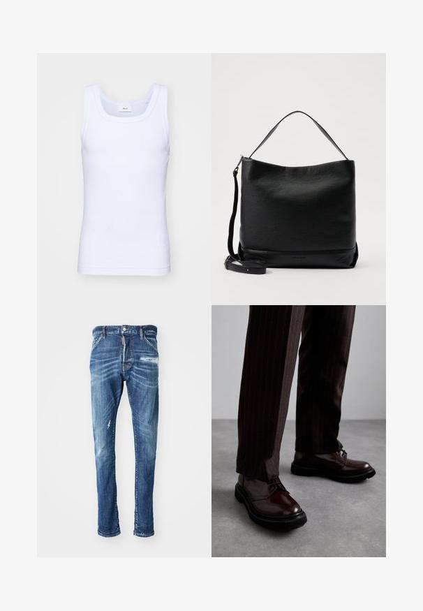 Bijela pamučna bezrukavna majica s okruglim izrezom, s glatkom teksturom i prilagođenim oblikom, dizajnirana za ležerno nošenje.; Plave traperice s iznošenim dizajnom. Sadrže izbljedjivanje, lagane tragove od trenja i malu pukotinu na lijevoj butini. Ravne nogavice.; Smeđe kožne cipele s vezicama i sjajnim finišom, crna gumena potplata i suptilno šivanje. Nosene s smešanim smešnim smeškom smešnim smeškom.; Crna kožna torba preko ramena s teksturiranim završetkom, zakrivljenim vrhom i odvojivim remenom. Ima jednostavan dizajn s minimalnim hardverom.