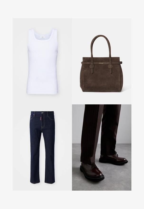 Camiseta sin mangas de algodón blanca con escote redondo, que presenta una textura suave y una forma ajustada, diseñada para el uso casual.; Vaqueros de denim azul oscuro con pierna recta, costuras visibles, cierre de botón y cuatro bolsillos, incluido un pequeño bolsillo para monedas.; Zapatos de cuero marrón con cordones y un acabado brillante, suela de goma negra y costuras sutiles. Llevados con pantalones marrón de rayas.; Bolsa tote de ante marrón oscuro con dos asas y una correa horizontal que presenta una pequeña placa de logo dorado de DSQUARED2.