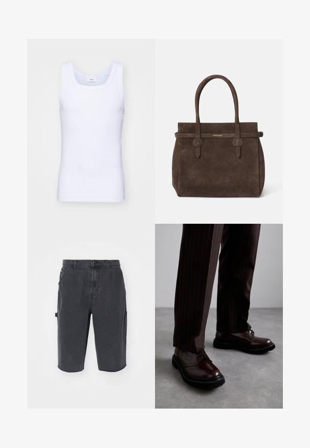 Valkoinen puuvillainen hihaton toppi, jossa on pyöreä pääntie. Topissa on sileä pinta ja se on muotoiltu istuvaksi, suunniteltu rentoon käyttöön.; Tummat farkkikortit suorella leikkauksella, joissa on sivutaskut, näkyvät saumat ja raakareunat. Kestävä, kevyt kangas.; Ruske nahkasaapad, joissa on kiiltävä pinta, musta kumipohja ja hienovarainen ompelu. Yhdistetty raitapolkkaisiin ruskeisiin housuihin.; Tummanruskea samettinen olkalaukku, jossa on kaksinkertaiset kahvat ja vaakasuuntainen hihna, jossa on pieni kultainen DSQUARED2-logo-plaatti.