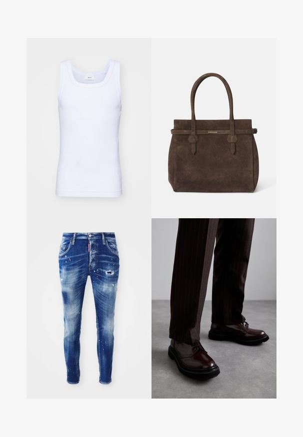 Valkoinen puuvillainen hihaton toppi, jossa on pyöreä pääntie. Topissa on sileä pinta ja se on muotoiltu istuvaksi, suunniteltu rentoon käyttöön.; Kapeat siniset farkut haalistuneella pesulla, maalitahra-yksityiskohdilla, kuluneilla paikoilla ja viisi-taskuisella suunnittelulla. Punainen brändilogo vyötäröllä.; Ruske nahkasaapad, joissa on kiiltävä pinta, musta kumipohja ja hienovarainen ompelu. Yhdistetty raitapolkkaisiin ruskeisiin housuihin.; Tummanruskea samettinen olkalaukku, jossa on kaksinkertaiset kahvat ja vaakasuuntainen hihna, jossa on pieni kultainen DSQUARED2-logo-plaatti.