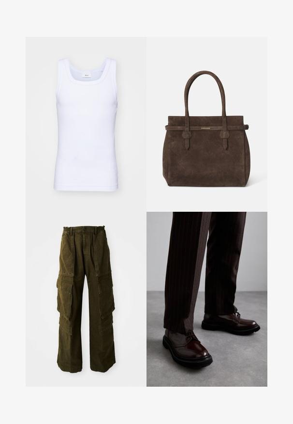 Witte katoenen mouwloze tanktop met een ronde halslijn, met een gladde textuur en een aansluitende pasvorm, ontworpen voor casual gebruik.; Cargo broek in donker olijfgroen, gemaakt van gestructureerde katoen. Voorzien van een elastische tailleband, meerdere zijzakken en een loose fit.; Bruine leren veterschoenen met een glanzende afwerking, zwarte rubberen zool en subtiele stiksels. Draag ze met bruin gestreepte broek.; Donkerbruin suède tote bag met dubbele handvatten en een horizontale strap met een klein gouden DSQUARED2 logo plaatje.