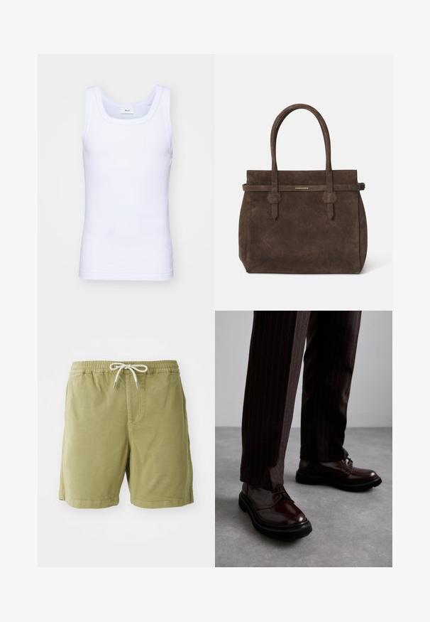 White cotton sleeveless tank top with a round neckline, featuring a smooth texture and a fitting shape, designed for casual wear.; NN.07 GREGOR - Shorts - green; Brown leather lace-up shoes with a glossy finish, black rubber sole, and subtle stitching. Worn with pinstriped brown trousers.; Dark brown suede tote bag with dual handles and a horizontal strap featuring a small gold DSQUARED2 logo plaque.