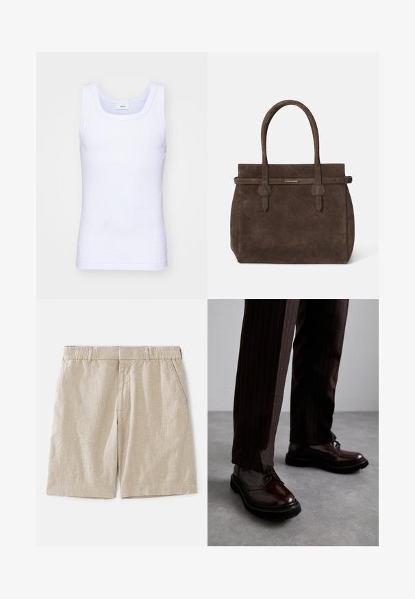 Biela bavlnená tielko bez rukávov s okrúhlym výstrihom, s hladkou textúrou a priliehavým strihom, navrhnuté pre neformálne nosenie.; Béžové ľanové šortky s voľným strihom, ktoré majú elastický pás a bočné vrecká. Hladká textúra so subtílnym tkaným vzorom.; Hnedé kožené šnurovacie topánky s lesklým povrchom, čierna gumová podrážka a jemné švy. Nosené s hnedými prúžkovanými nohavicami.; Tmavohnedá semišová taška s dvoma uchami a horizontálnym popruhom, ktorý obsahuje malú zlatú nášivku s logom DSQUARED2.