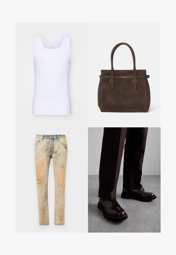 Canottiera bianca in cotone senza maniche con scollatura rotonda, caratterizzata da una texture liscia e una vestibilità aderente, progettata per l'abbigliamento casual.; Jeans in denim blu sbiadito con un aspetto usurato, caratterizzati da macchie e un strappo su un ginocchio. Design classico a cinque tasche e chiusura con bottone metallico.; Scarpe stringate in pelle marrone con finitura lucida, suola in gomma nera e cuciture sottili. Indossate con pantaloni marroni a righe.; Borsa a spalla in suede marrone scuro con doppi manici e una tracolla orizzontale, dotata di una piccola placca con il logo DSQUARED2 in oro.