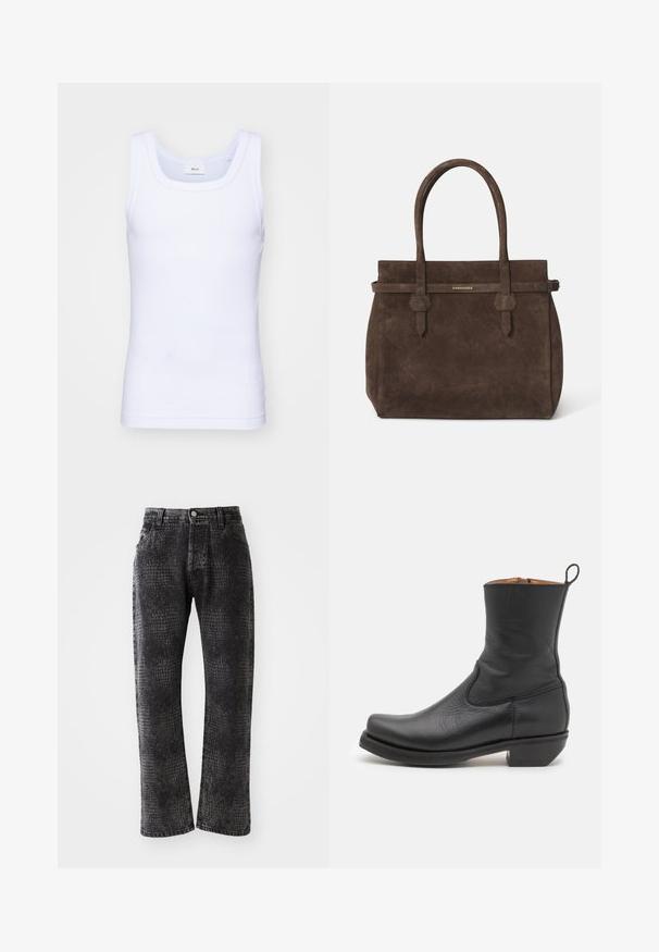 Valge puuvillane golfi särk ilma varrukateta, ümmarguse kaelusega, sileda tekstuuri ja sobiva lõikega, mõeldud igapäevaseks kandmiseks.; Mustad teksad krokodillimustriga, sirge jala disainiga, viie taskuga, metallnupp ja tõmblukk.; Mustas nahast pahkluu saabas, mis on siledatoimeline, kitsa silueti ja külgsõmblustega, madala ruudukujulise kontsaga. Tagaküljel on tõmbetab.; Tumed pruun nubukist öksohva, millel on kaks käepidet ja horisontaalne rihm, millel on väike kuldne DSQUARED2 logo plaat.