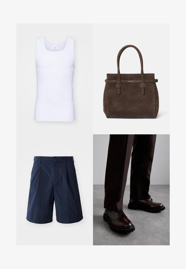 Weißes Baumwoll-Top ohne Ärmel mit rundem Ausschnitt, ausgestattet mit einer glatten Textur und einer figurbetonten Form, ideal für die Freizeit.; Marineblaue Shorts aus leichtem Stoff, mit einem Knopfverschluss, Seitentaschen und einem schlichten Design mit Falten an der Vorderseite.; Braune Leder Schnürschuhe mit glänzender Oberfläche, schwarzer Gummisohle und dezenten Nähten. Getragen mit braunen Angabenhosen mit Nadelstreifen.; Dunkelbraune Wildledertasche mit doppelten Griffen und einem horizontalen Riemen, der mit einem kleinen goldenen DSQUARED2-Logo-Plakette versehen ist.