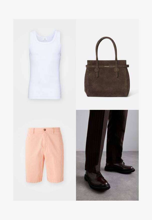 Valkoinen puuvillainen hihaton toppi, jossa on pyöreä pääntie. Topissa on sileä pinta ja se on muotoiltu istuvaksi, suunniteltu rentoon käyttöön.; Peach-väriset shortsit, jotka on valmistettu kevyistä materiaaleista ja joissa on klassinen muotoilu, etunapilla suljettuna ja sivutaskuina.; Ruske nahkasaapad, joissa on kiiltävä pinta, musta kumipohja ja hienovarainen ompelu. Yhdistetty raitapolkkaisiin ruskeisiin housuihin.; Tummanruskea samettinen olkalaukku, jossa on kaksinkertaiset kahvat ja vaakasuuntainen hihna, jossa on pieni kultainen DSQUARED2-logo-plaatti.