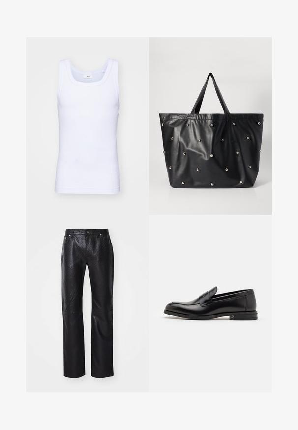 Weißes Baumwoll-Top ohne Ärmel mit rundem Ausschnitt, ausgestattet mit einer glatten Textur und einer figurbetonten Form, ideal für die Freizeit.; Schwarze Hose aus strukturiertem Material mit einem subtilen Muster. Gerade Bein-Design mit fünf Taschen und metallischen Hardware-Details.; Schwarze Lederloafers mit glatter Textur, rundem Zehenbereich und einem dekorativen Riemen über dem Vorderfuß. Niedriger, gestapelter Absatz, minimalistisches Design.; Schwarze Tote-Tasche aus glattem Kunstmaterial, mit einer weichen Textur und gleichmäßig verteilten silbernen Dekostiften auf der Oberfläche.